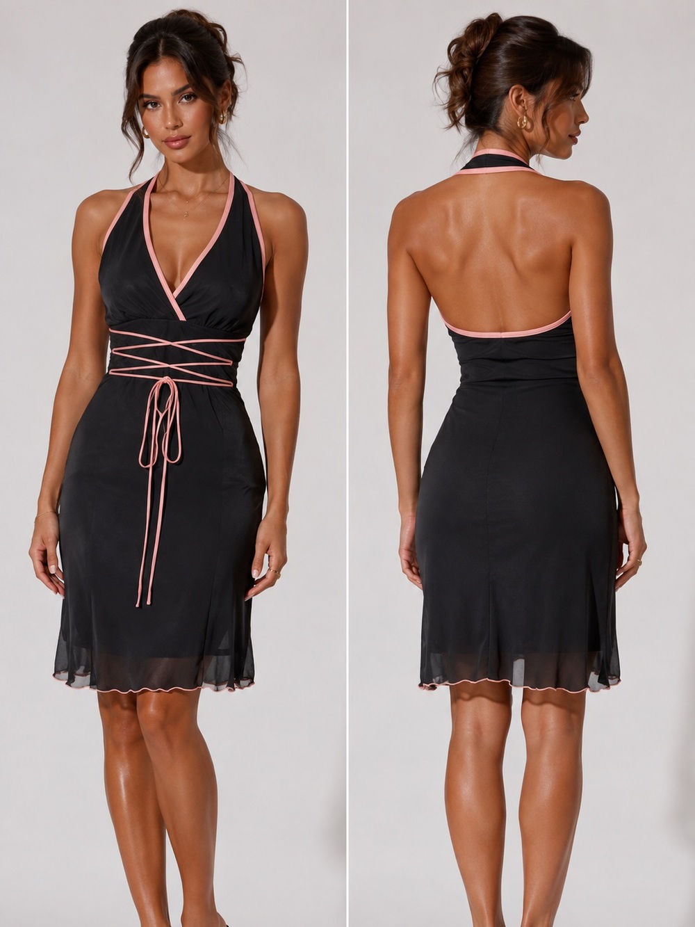 Vintage Y2K Hourglass Black Pink Mesh Overlay Halter Midi Dress Tie Waist Small